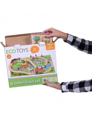 EcoToys medinė traukinių trasa su 50 elementų + kilimėlis